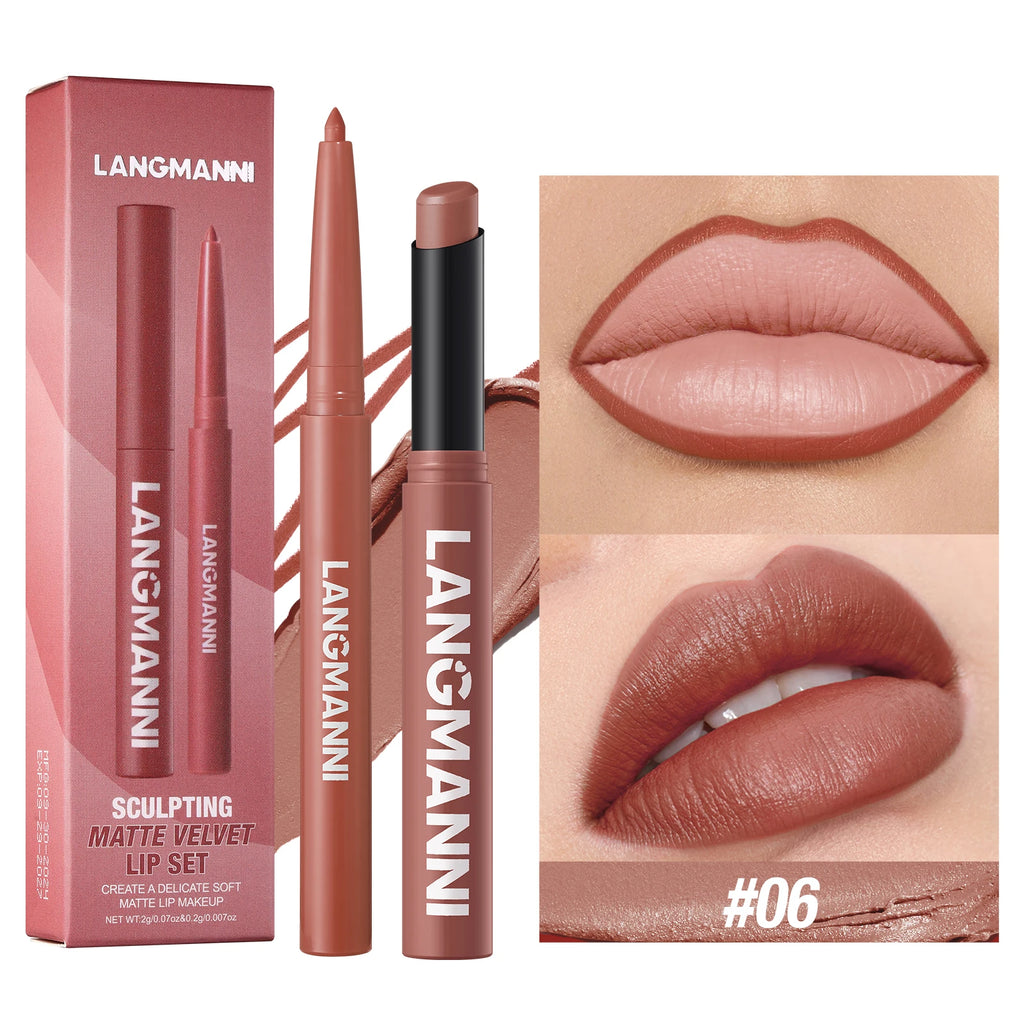 Integrated waterproof lipliner+lipstick lipstick lipstick set,no smudge,no fade,no cup,durable,easy to create a perfect makeup!