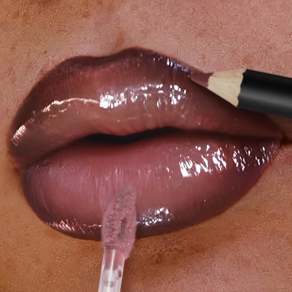 3PCS Shimmer Moisturizing Lip Gloss - Lip Liner and Lip Mud and Oil, Non-Sticky,Glitter, Nourishing Glossy Moisturizing Lipstick